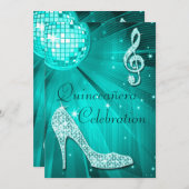 Diskothek Ball und Sparkle Heelse Aquamarin Quince Einladung (Vorne/Hinten)