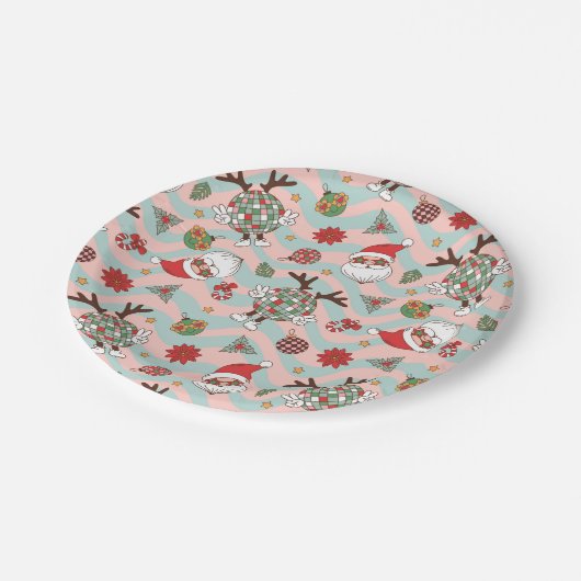 Diskothek Santa und Reindeer Urlaubsmuster Pappteller (Schrägansicht)