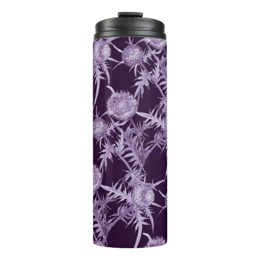 Distel violettes Blumenmuster Thermosbecher (Vorderseite)