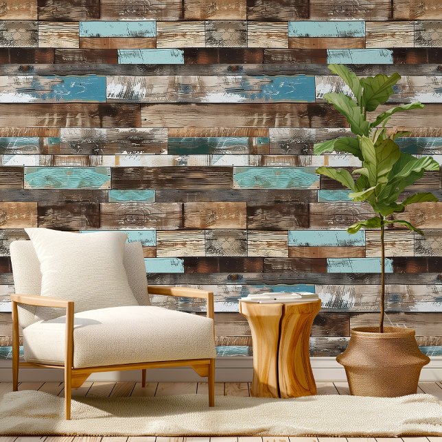 Distress Beachwood Hor Blue Brown Muster Zimmer Tapete (Distress Beachwood Hor Blue Brown Pattern Room Wallpaper)