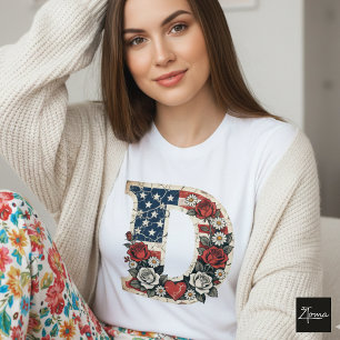 Distressed Flag Buchstabe D Florales Monogramm T-Shirt