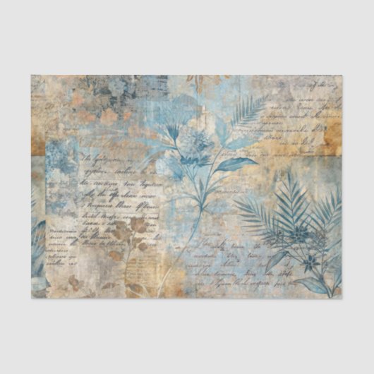 Distressed Grungy Blue Floral Ephemera Collage Seidenpapier (Vorderseite)
