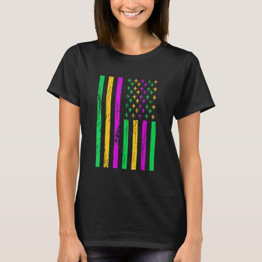 Distressed Mardi Gras American US Flag Carnival Fe T-Shirt (Vorderseite)
