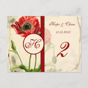 Distressed rote Mohn-Tischnummernkarten Postkarte