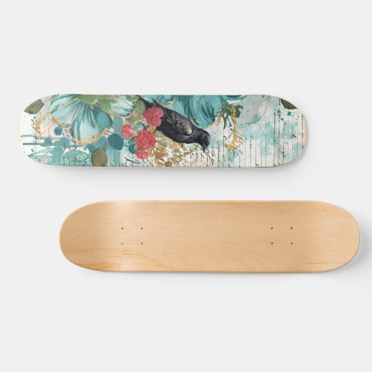 Distressed Teal Florals Raven & Roses Skateboard (Horizontal)
