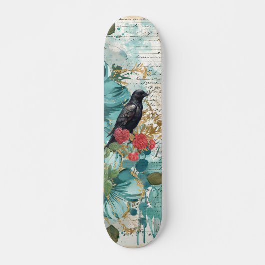 Distressed Teal Florals Raven & Roses Skateboard (Vorne)
