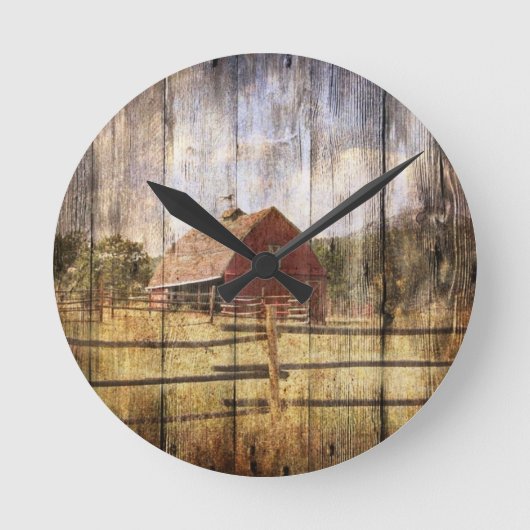 Distressed Wood Rustic Western Country Red Barn Runde Wanduhr (Vorderseite)