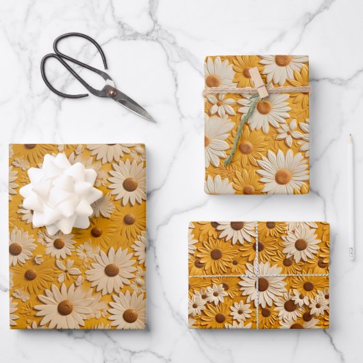 Disy und Sonnenblumen bemaltes Lederaussehen Geschenkpapier Set (Vorderseite)