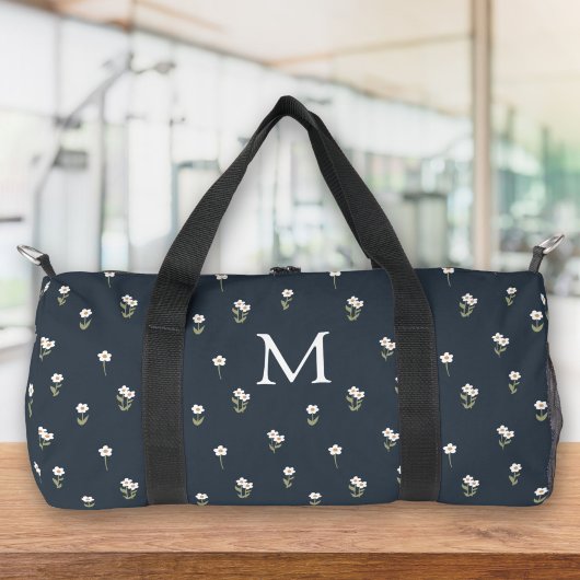 Ditsy-Blumen-Boho-Wildblume-Dunkelblau-Monogramm Duffle Bag