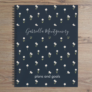 Ditsy-Blumen-Boho-Wildblume-Dunkelblau-Name-Text Notizblock