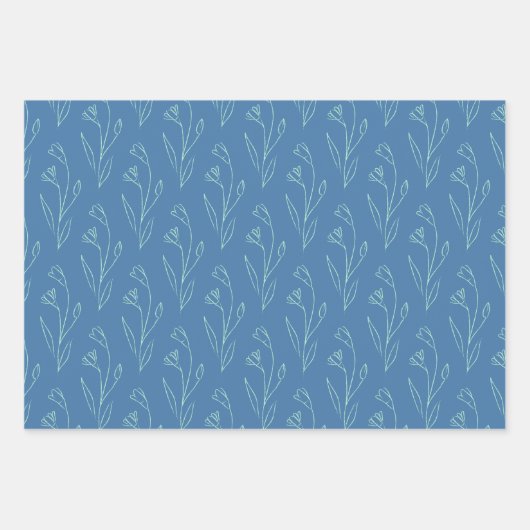 Ditsy Dainty Boho Blumenstrauch Zeichnend in Blue Geschenkpapier Set (Vorderseite 3)