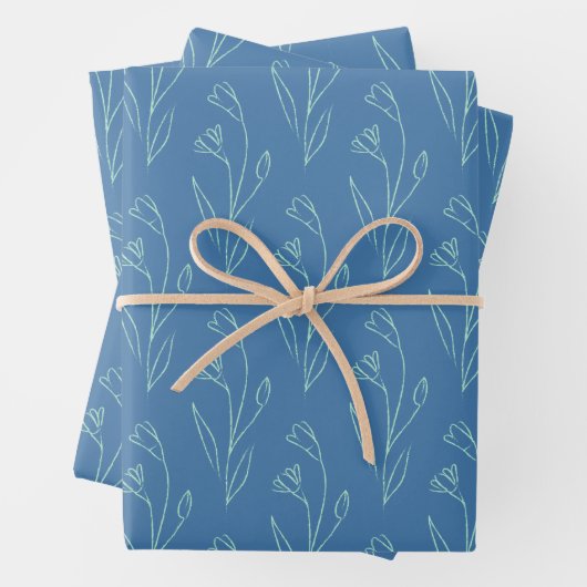 Ditsy Dainty Boho Blumenstrauch Zeichnend in Blue Geschenkpapier Set (Beispiel)