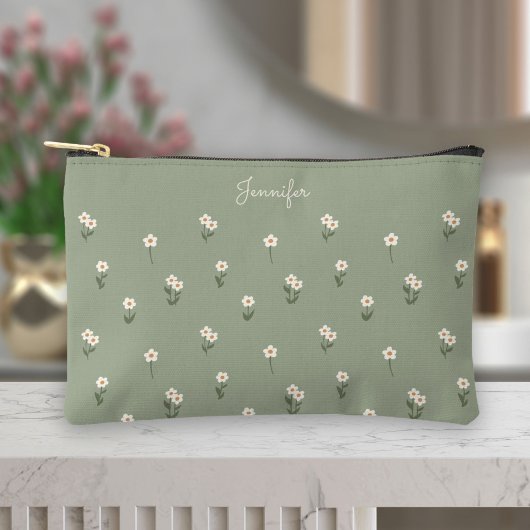 Ditsy Floral Boho Wildflower Sage Green Name Zubehörtasche