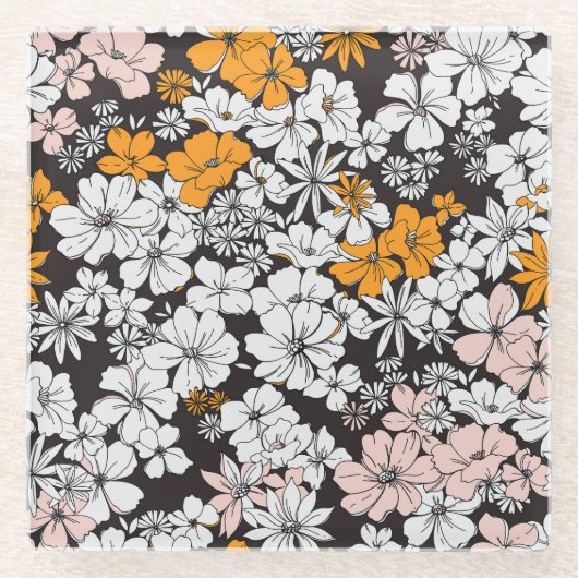Ditsy Floral: farbenfroher dunkler Hintergrund. Glasuntersetzer (Vorderseite)