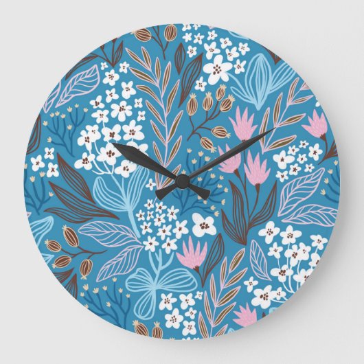 Ditzy Floral: Vintages Federdesign. Große Wanduhr (Vorderseite)