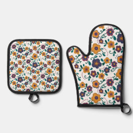 Ditzy Retro Daisy aus den 70er Jahren in Jewel Ton Ofenhandschuh & Topflappen-Set