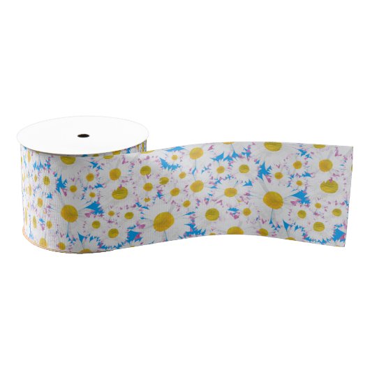 Ditzy White Daisies, Blue Custom Grosgrain Ribbon Ripsband (Spule)