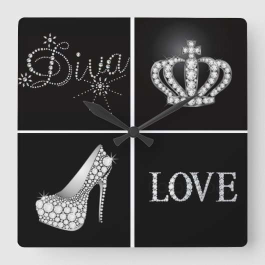 Diva Crown High Heel Liebe Collage Quadratische Wanduhr (Vorderseite)