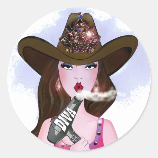 "Diva of a Cowgirl" - Stylistin Runder Aufkleber (Vorderseite)