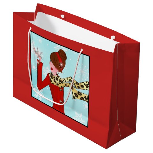 Diva und Schnee Glitzern Große Geschenktüte (Vorderseite Schrägansicht)