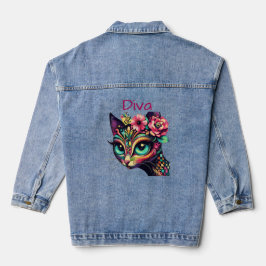 Diva Whimsical Big-Eye Cat Kitty Floral Jeansjacke