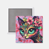 Diva Whimsical Big-Eye Cat Kitty Floral Magnet (Vorderseite/Rückseite)