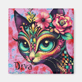 Diva Whimsical Big-Eye Cat Kitty Floral Magnet (Vorne)