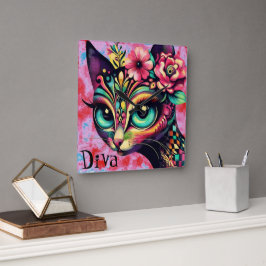 Diva Whimsical Big-Eye Cat Kitty Floral Quadratische Wanduhr