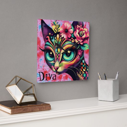 Diva Whimsical Big-Eye Cat Kitty Floral Quadratische Wanduhr (Büro)