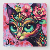 Diva Whimsical Big-Eye Cat Kitty Floral Quadratische Wanduhr (Vorderseite)