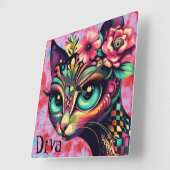 Diva Whimsical Big-Eye Cat Kitty Floral Quadratische Wanduhr (Winkel)