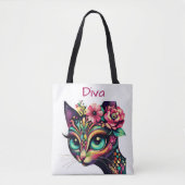 Diva Whimsical Big-Eye Cat Kitty Floral Tasche (Vorderseite)