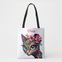 Diva Whimsical Big-Eye Cat Kitty Floral Tasche