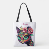 Diva Whimsical Big-Eye Cat Kitty Floral Tasche (Rückseite)
