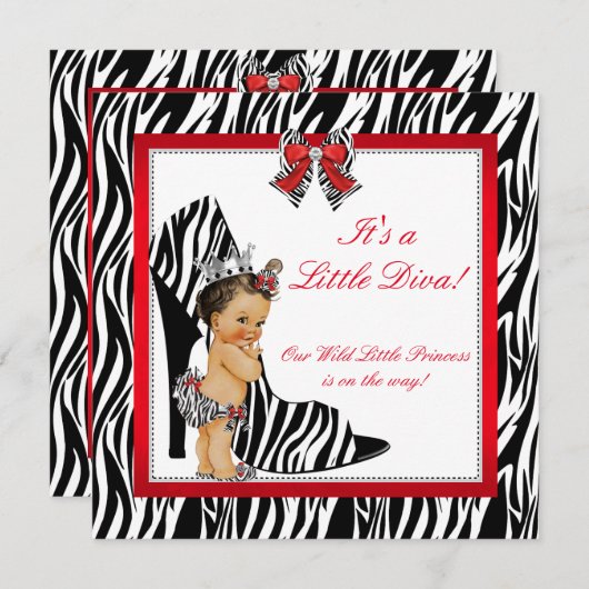 Diva Zebra Princess Girl Babydusche Brünett Einladung (Vorne/Hinten)