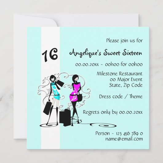 Divamädchen-16. Geburtstag-Modemodell | blauer Einladung (Vorderseite)