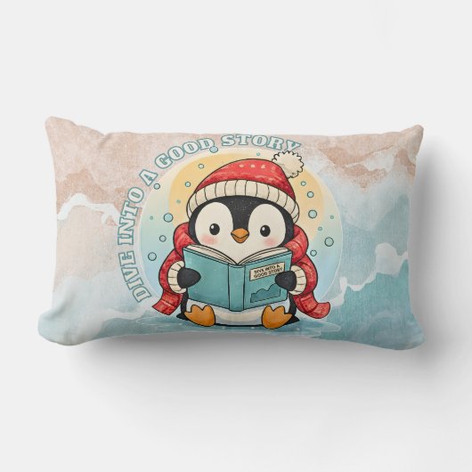 Dive Into A Good Story Cute Reading Penguin Pillow Lendenkissen (Vorderseite)