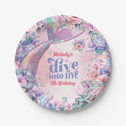 Dive into Five Flower Glitter Mermaid Tail  Pappteller (Vorderseite)