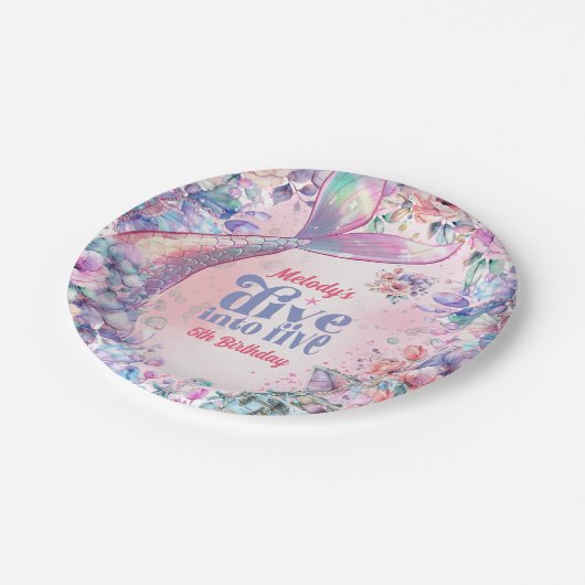 Dive into Five Flower Glitter Mermaid Tail  Pappteller (Schrägansicht)