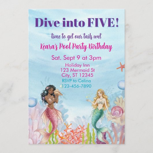 Dive into Five, Mermaid Birthday Einladung (Vorderseite)