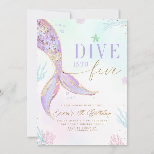 Dive into Five Mermaid Birthday Invitation Editabl Einladung (Vorderseite)
