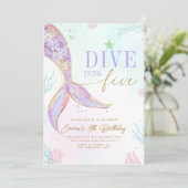 Dive into Five Mermaid Birthday Invitation Editabl Einladung (Stehend Vorderseite)