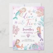 Dive Into Five Mermaid Under The Sea 5th Birthday  Einladung (Vorderseite)