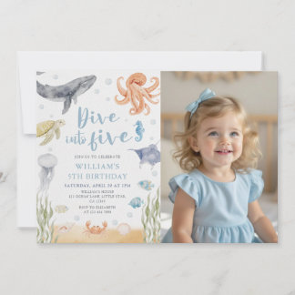 Dive Into Five Ocean Animals 5th Birthday Photo Einladung