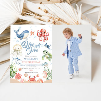 Dive Into Five Ocean Animals 5th Photo Birthday Einladung