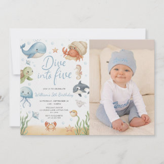 Dive Into Five Ocean Animals 5th Photo Birthday  Einladung