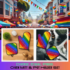 "Diverse, Equal, Stolz." LGBT-Regenbogenflagge Ofenhandschuh & Topflappen-Set