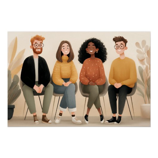 Diverse Friends Sitting Together Cozy Illustration Poster (Vorderseite)