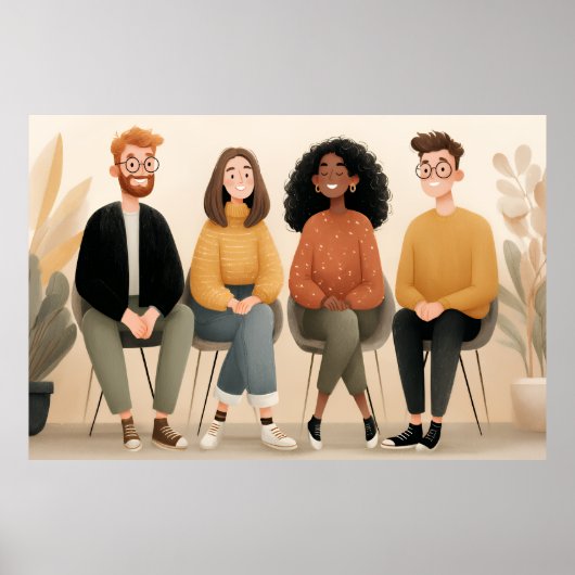 Diverse Friends Sitting Together Cozy Illustration Poster (Vorne)