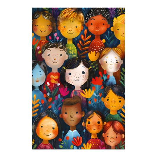 Diverse Happy Children Floral Pattern Illustration Fotodruck (Vorne)
